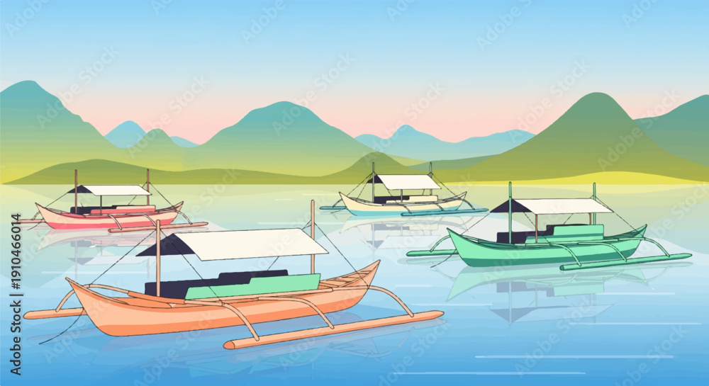 Fototapeta premium Colorful boats rest on tranquil blue water with mountainous backdrop