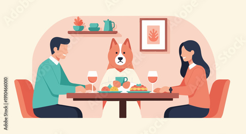 Couple dines with a melancholic dog wearing a sweater, enjoying a meal