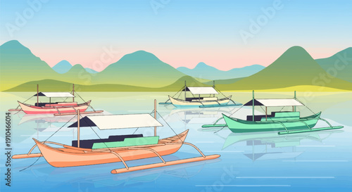 Colorful boats rest on tranquil blue water with mountainous backdrop