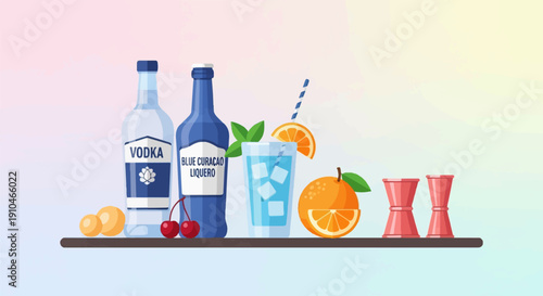 Colorful bottles of alcohol, a refreshing drink, fruit, and bar tools on a shelf