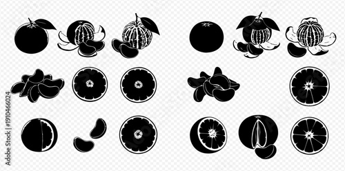 Set of black silhouettes of whole and peeled citrus fruits, slices, and segments, isolated on a transparent background.