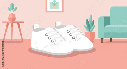 Cozy interior with white baby shoes, armchair, and plants
