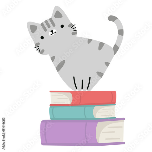 Cute Cat Sitting on Stack of Books
