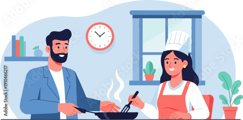 Couple cooking in a kitchen, steam rising from a pan, clock on wall