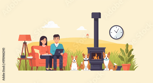 Cozy living room scene with people working and dogs by fireplace