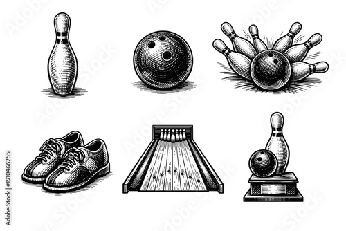 Vintage bowling engraving set, retro sport competition sketches in woodcut style isolated on white