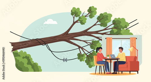 Couple working on laptop inside while a fallen tree with power lines is outside