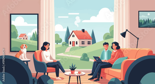 Cozy living room with a dog and people relaxing while viewing a serene landscape