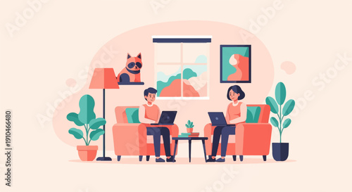 Couple working on laptops at home with pet and plants