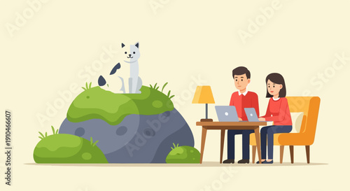 Couple working remotely with cat on a hill