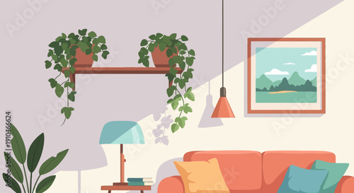 Cozy living room with plants, couch, lamp, and framed art