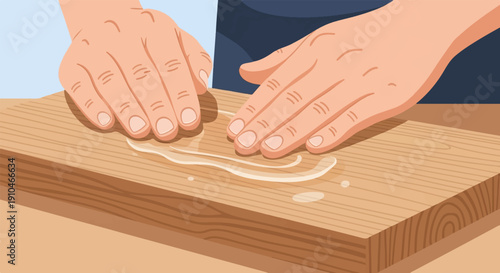 Close-up of two hands applying a transparent substance to a wooden surface