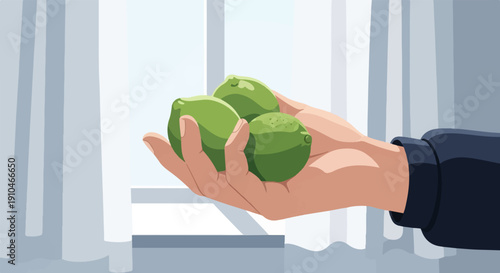 Close-up pixel art of a hand holding three green limes against a light background