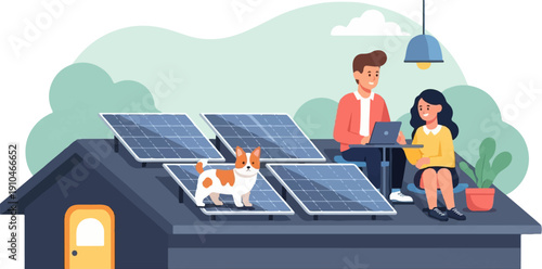 Couple working remotely with dog on roof with solar panels
