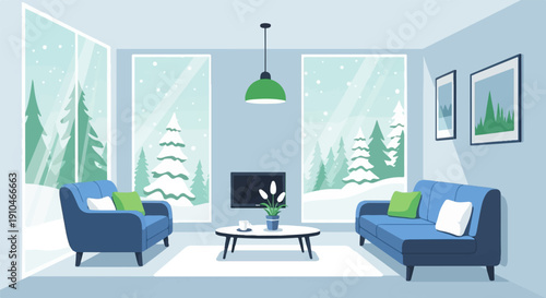Cozy living room with snowy forest view