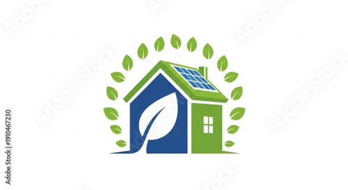 Eco friendly house with solar panel and green leaves symbolizing sustainable living and renewable energy