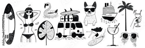 Hand drawn style summer icon set. Cartoon doodle illustrations of holiday elements