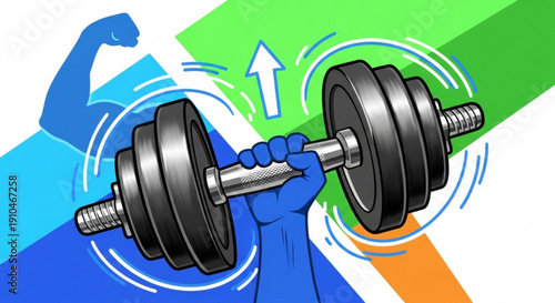 Person lifting dumbbell with motion lines symbolizing strength and fitness against colorful background