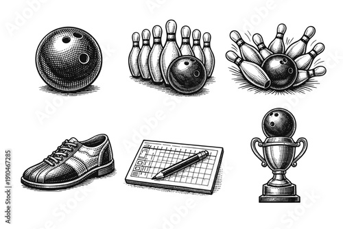 Vintage bowling engraving set, retro sport competition sketches in woodcut style isolated on white