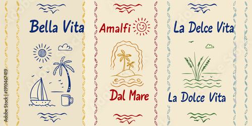 Stylized illustration of italian coastal phrases and seaside imagery