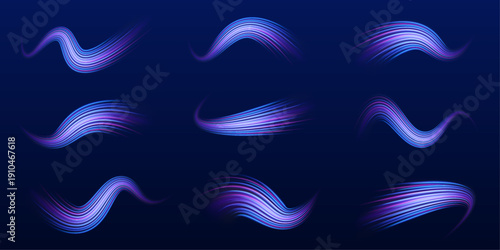 Glowing red and blue light streaks move across a night scene. Sparks fly around each curve. Dynamic energy radiates from every line.