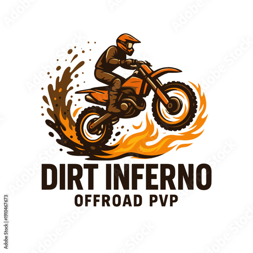 Design showcases a dirt bike rider in an offroad inferno pvp action scene, perfect for extreme sports branding and promotions.
