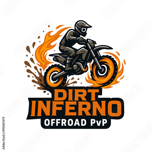 Design featuring a fiery motocross rider and inferno text for a dynamic and intense branding. Ideal for motocross events, extreme sports brands, and adrenalinefueled businesses.