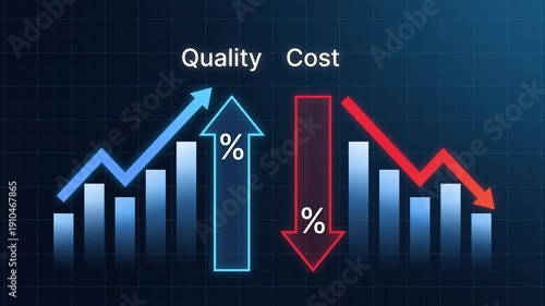 Quality improvement and cost reduction concept with bar chart and arrow showing rising quality and decreasing cost. Visualize business performance optimization, and operational efficiency
