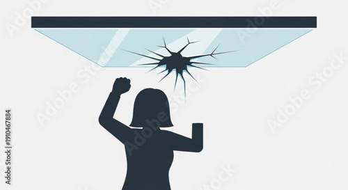 Woman in silhouette breaking through glass ceiling with fists raised in empowerment and freedom