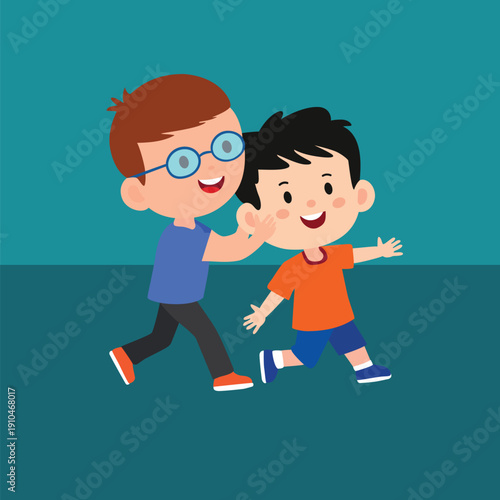 Two boys walking together in a friendly manner outside