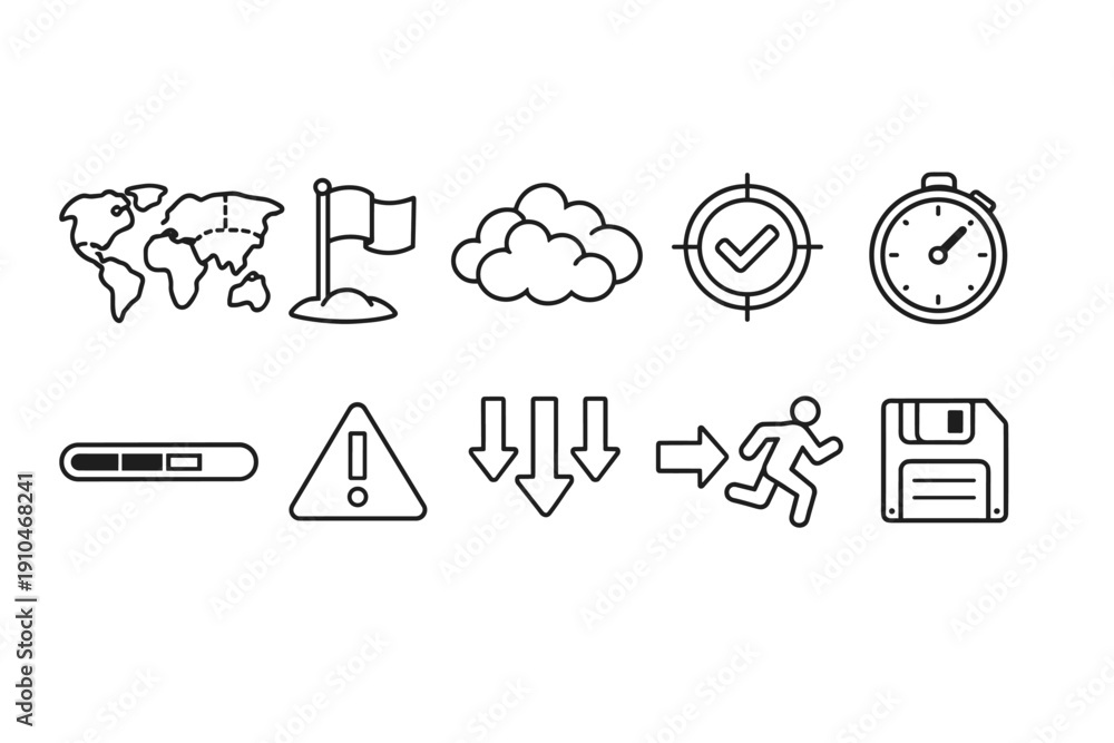 Fototapeta premium Minimal line icon set featuring world map, flag, cloud, check target, stopwatch, progress bar, warning sign, arrows, running figure, and floppy disk