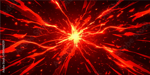 Abstract red firework explosion featuring fractal neon light patterns and glowing orange flashes against a dark black space background with motion textures