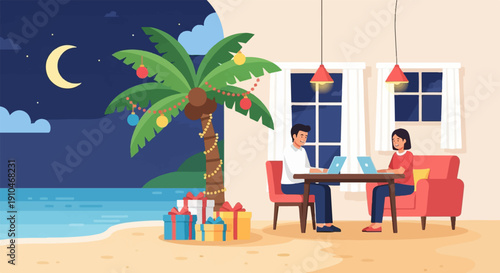 Couple works on laptops on a beach at night with gifts and palm tree