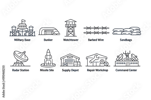 Military defense facility icon set featuring base, bunker, watchtower, barbed wire, sandbags, radar station, missile silo, depot, workshop, command center