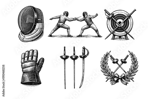 Vintage fencing sport engraving set, retro duel and swordsmanship sketches in woodcut style