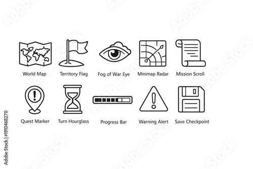 Minimal line icon set for strategy video game interface showing map, flag, fog-of-war eye, radar, mission scroll, quest marker, hourglass, progress and alert