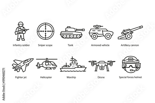 Set of simple military line icons showing infantry soldier, sniper scope, tank, armored vehicle, artillery cannon, jet, helicopter, warship, drone