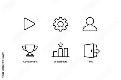 Minimal monochrome game menu interface showing play, settings, profile, achievements trophy, leaderboard chart, and exit door icons on dark background