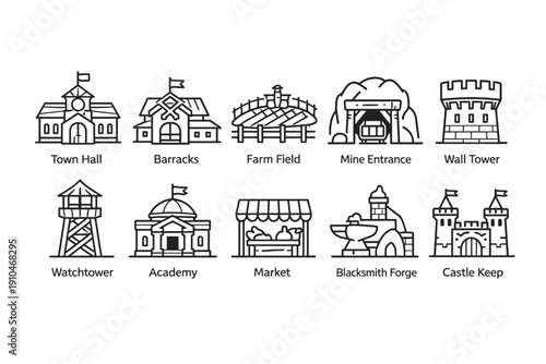 Set of medieval village and fortress buildings line icons including town hall, barracks, farm field, mine entrance, market, blacksmith forge, castle keep