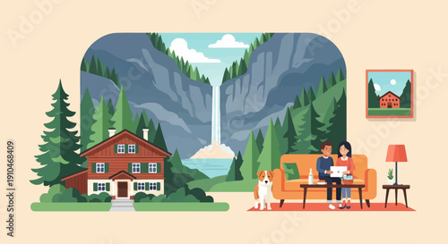 Cozy mountain home with a waterfall and couple relaxing indoors