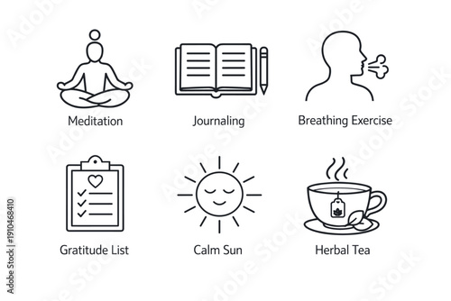 Minimal line icons illustrating mindfulness and self-care practices including meditation, journaling, breathing, gratitude checklist, calm sun, herbal tea