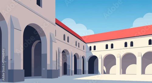 Courtyard with arched walkways and red roof under blue sky