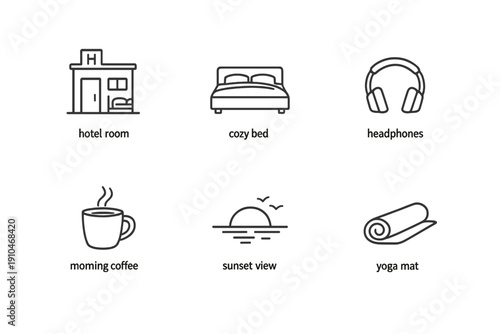 Minimal line icons of hotel room, cozy bed, headphones, morning coffee, sunset view, and yoga mat arranged in a simple monochrome grid layout