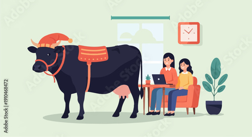 Cow with Christmas hat and festive blanket near people working indoors