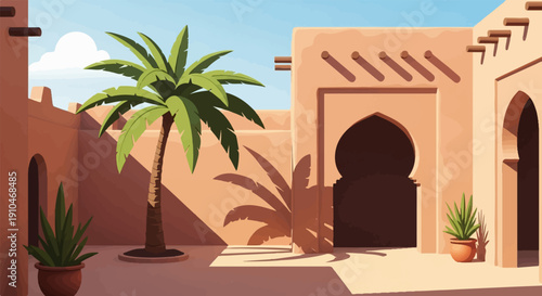 Courtyard with palm tree, potted plants, and traditional archways under a bright sky