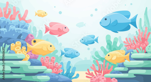 Colorful fish swim amongst vibrant coral reefs under clear water