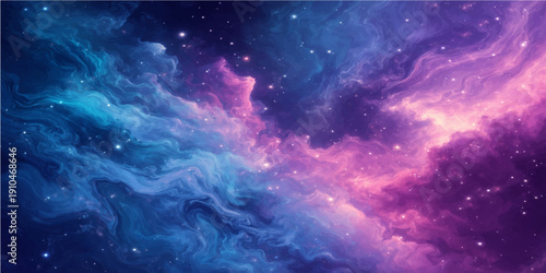 An abstract blue night sky background featuring a bright nebula and dark cosmos textures with glowing stars and colorful galaxy clouds for a modern astronomy science illustration design