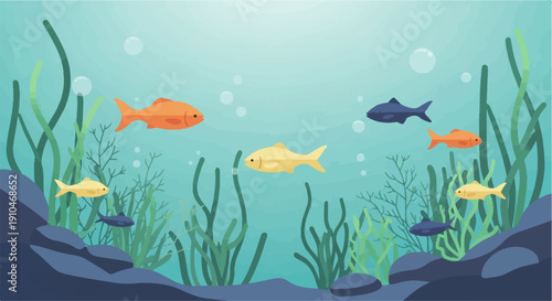 Colorful fish swim amongst lush green underwater plants and rocky terrain