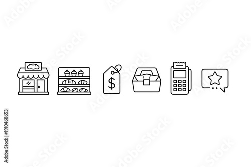 Minimal line icons illustrating retail shopping elements including storefront, product shelf, price tag, checkout bag, payment terminal, and rating badge