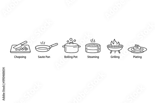 Minimal black and white cooking process icons showing chopping, sautéing, boiling, steaming, grilling, and plating steps in a kitchen workflow